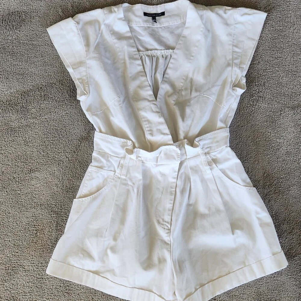 Marissa Webb Dixon paper bag cotton Romper white Dress Sz 4 pockets